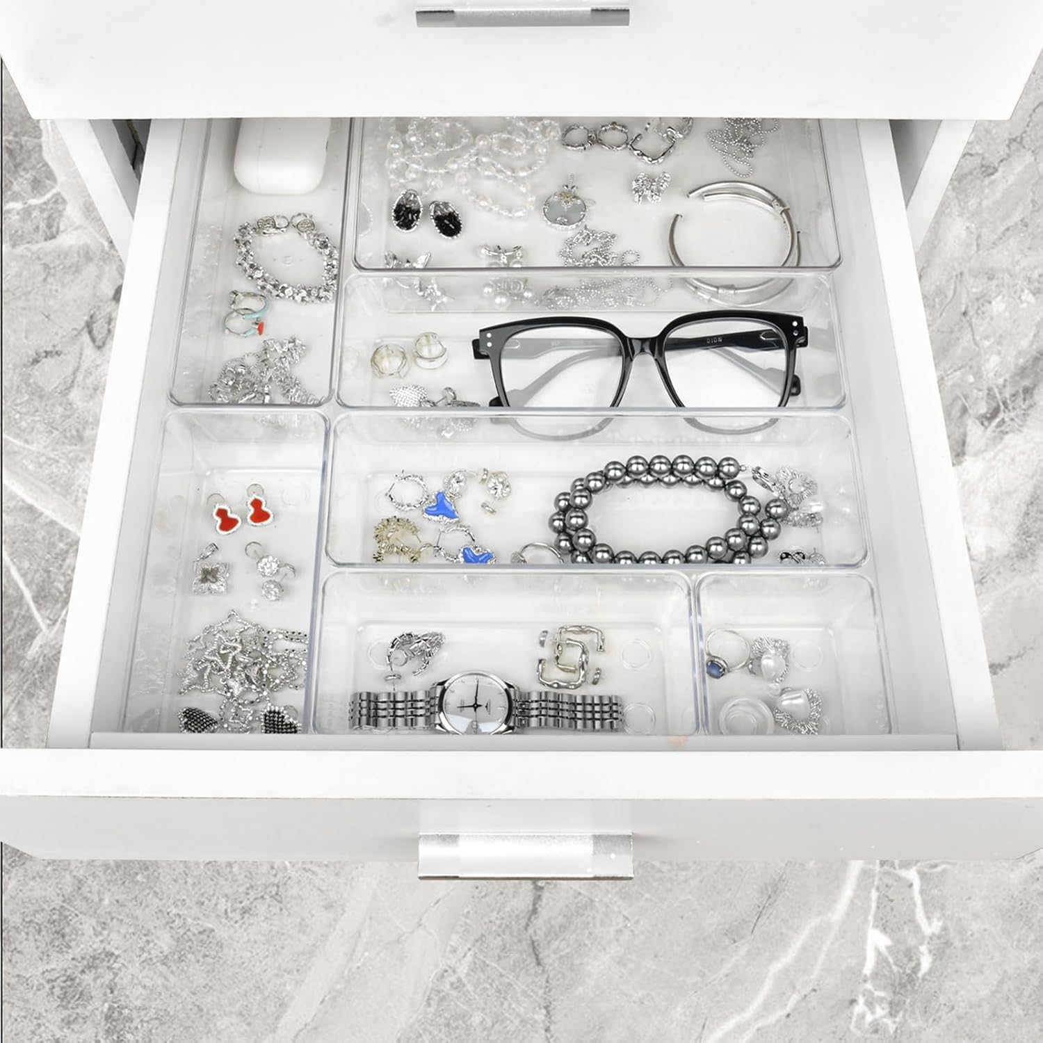 Moonval Clear Drawer Organizer Set, Plastic Storage Trays for Kitchen, Bathroom & Office