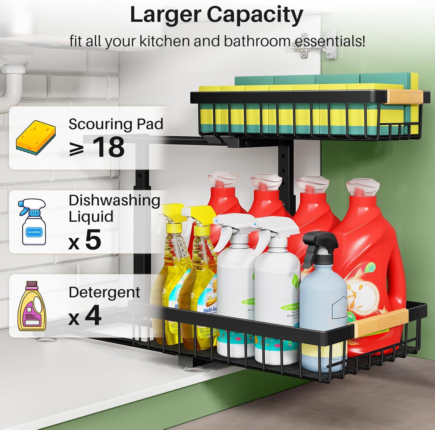 Moonval Under Sink Organizer, 2-Tier Sliding Cabinet Storage Shelf for Kitchen, Bathroom & Pantry