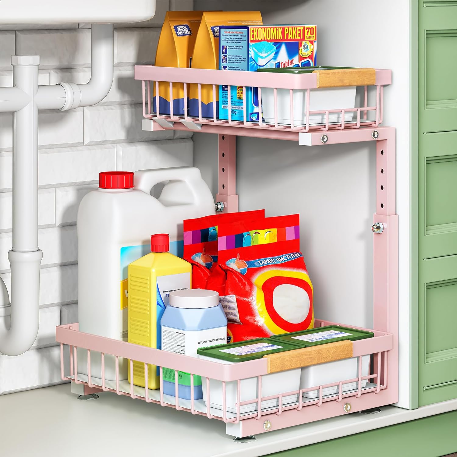 Moonval Under Sink Organizer, 2-Tier Sliding Cabinet Storage Shelf for Kitchen, Bathroom & Pantry