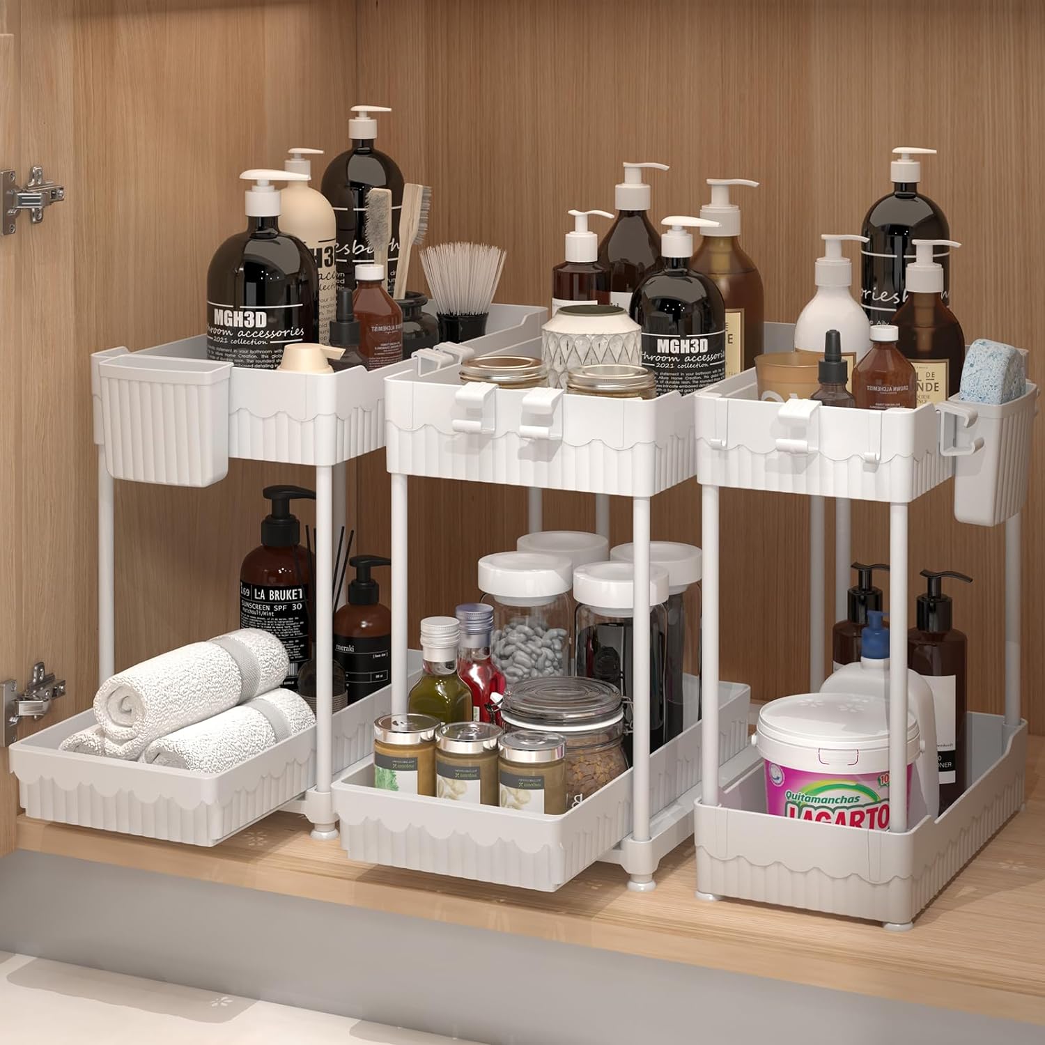Moonval Under Sink Organizers, 3-Pack 2-Tier Sliding Storage Drawers for Kitchen & Bathroom Cabinets