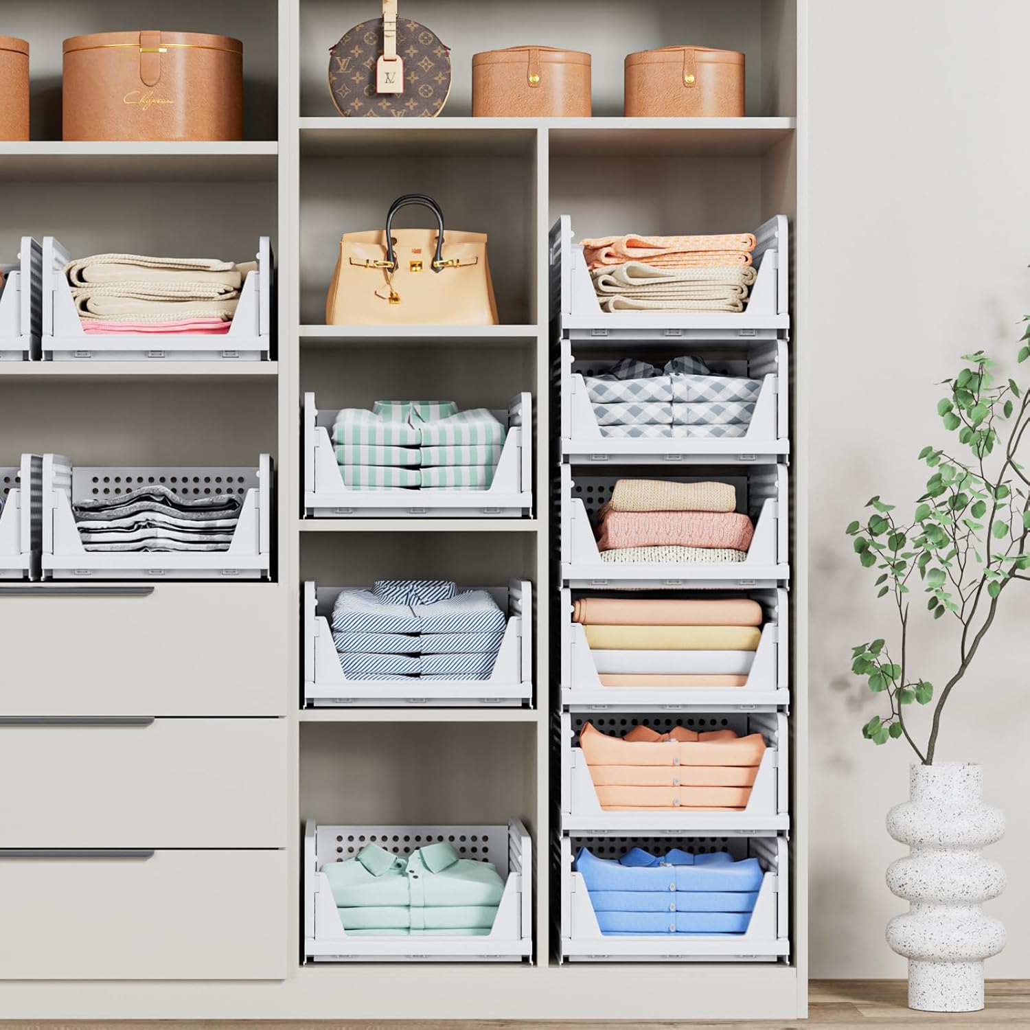 Moonval Stackable Closet Storage Baskets, 4-Pack Foldable Divided Organizers for Clothes & Hats