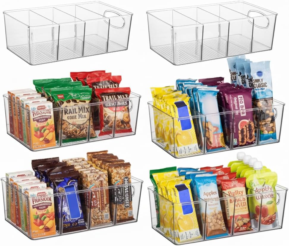 Moonval Pantry Storage Bins, Clear Organizers with Removable Dividers for Kitchen & Refrigerator