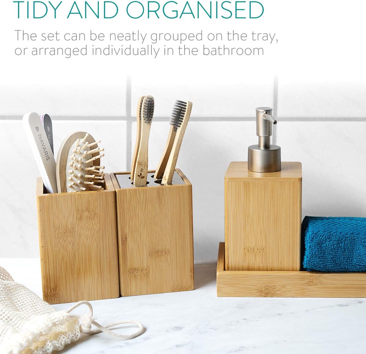 Moonval Bamboo Bathroom Accessories Set, 4-Piece Bathroom Organizer with Soap Dispenser