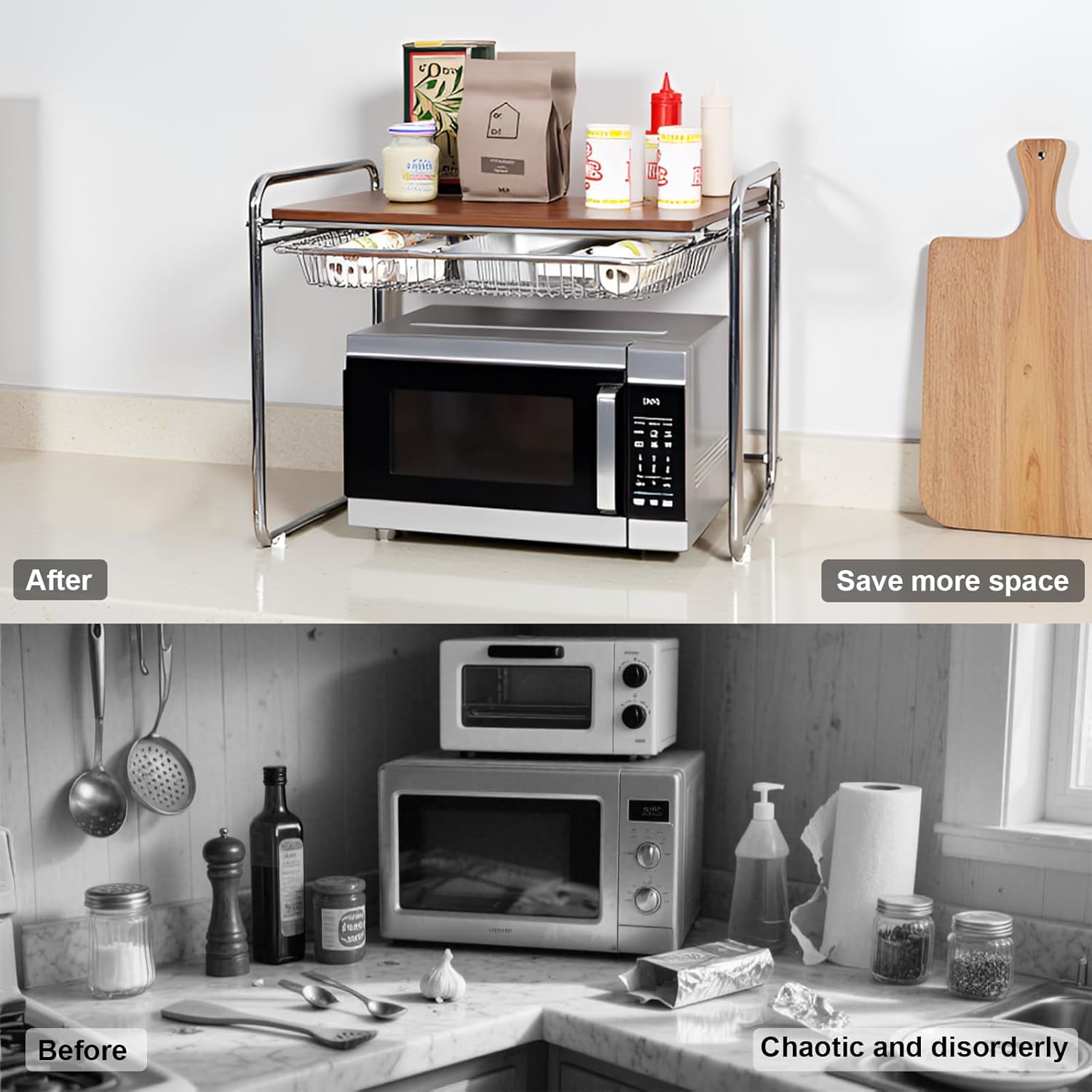 Moonval 2-Tier Microwave Shelf Stand with Pull-Out Basket, Countertop Kitchen Organizer