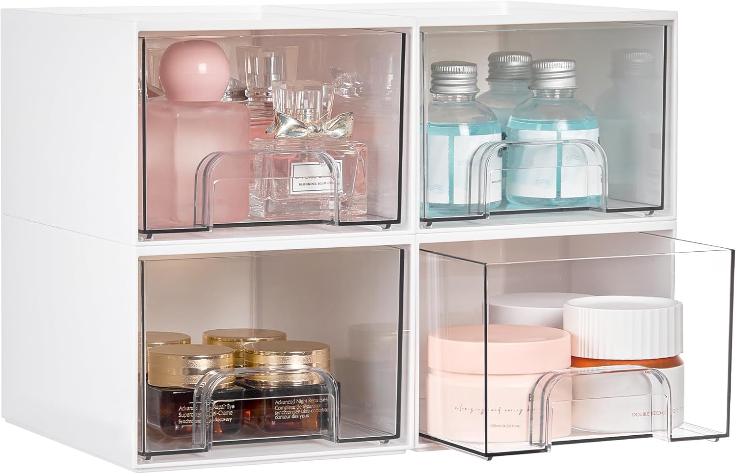Moonval Clear Storage Drawers, 4-Pack Stackable Acrylic Organizer Bins for Bathroom, Kitchen & Pantry