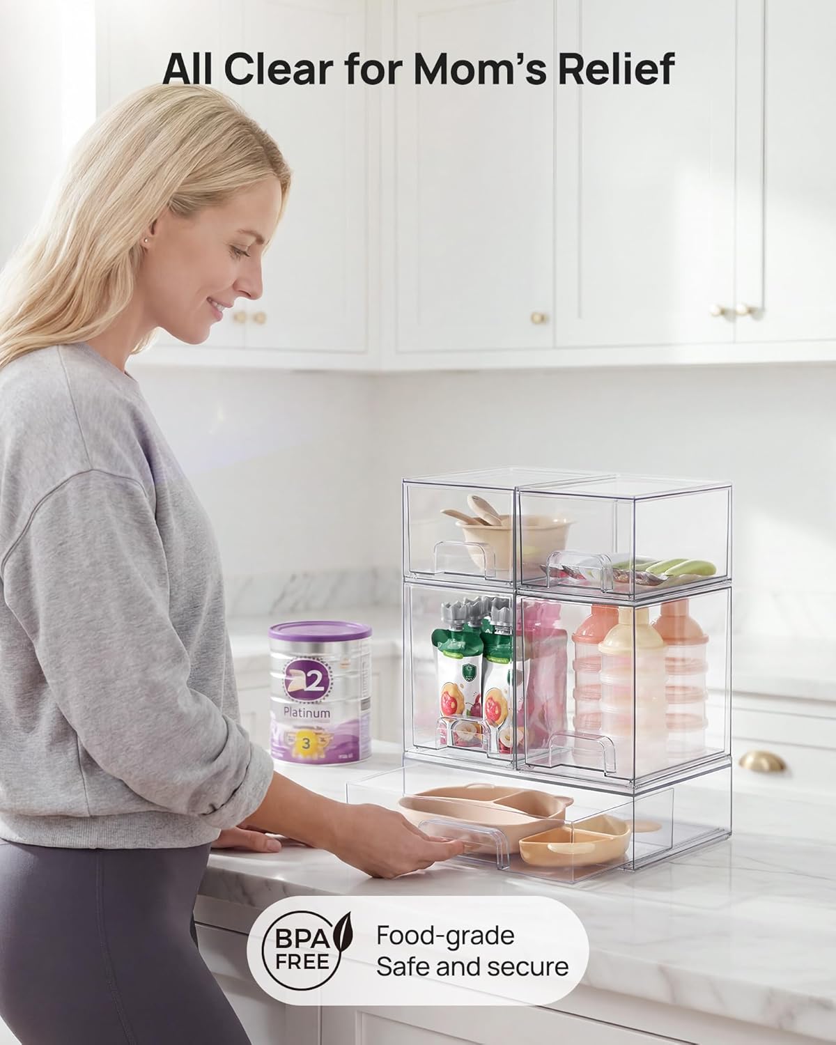 Moonval Stackable Storage Drawers, 5-Pack Clear Plastic Organizer Bins for Kitchen, Bathroom & Pantry