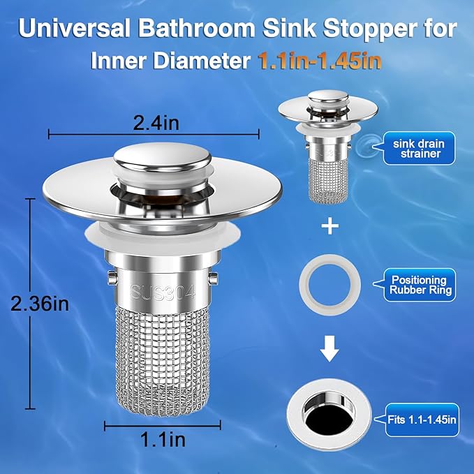Moonval Bathroom Sink Drain Strainer, 2-Pack Pop-Up Sink Stopper with Removable Stainless Steel Hair Catcher