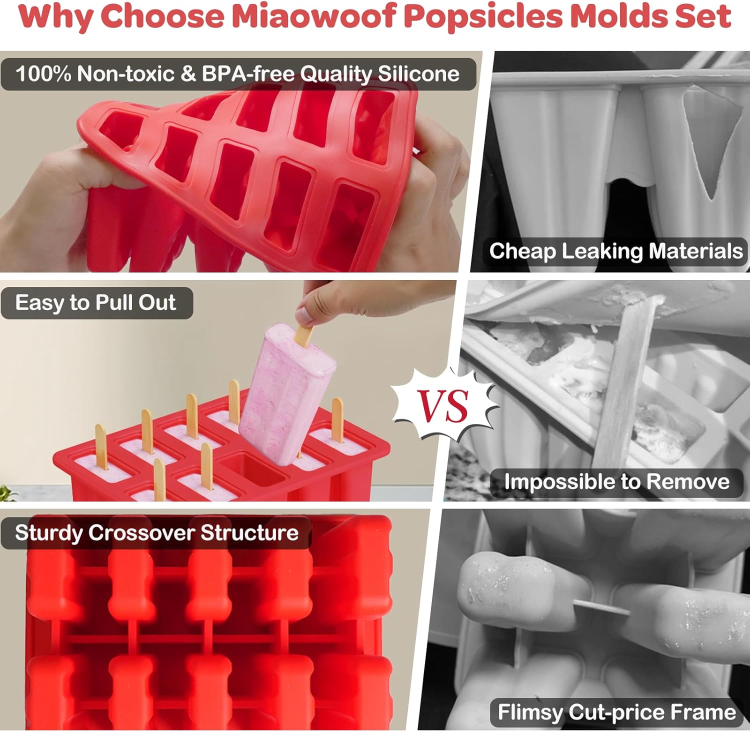 Moonval Silicone Popsicle Molds, 10-Cavity Ice Pop Maker Set with Sticks, Bags & Accessories
