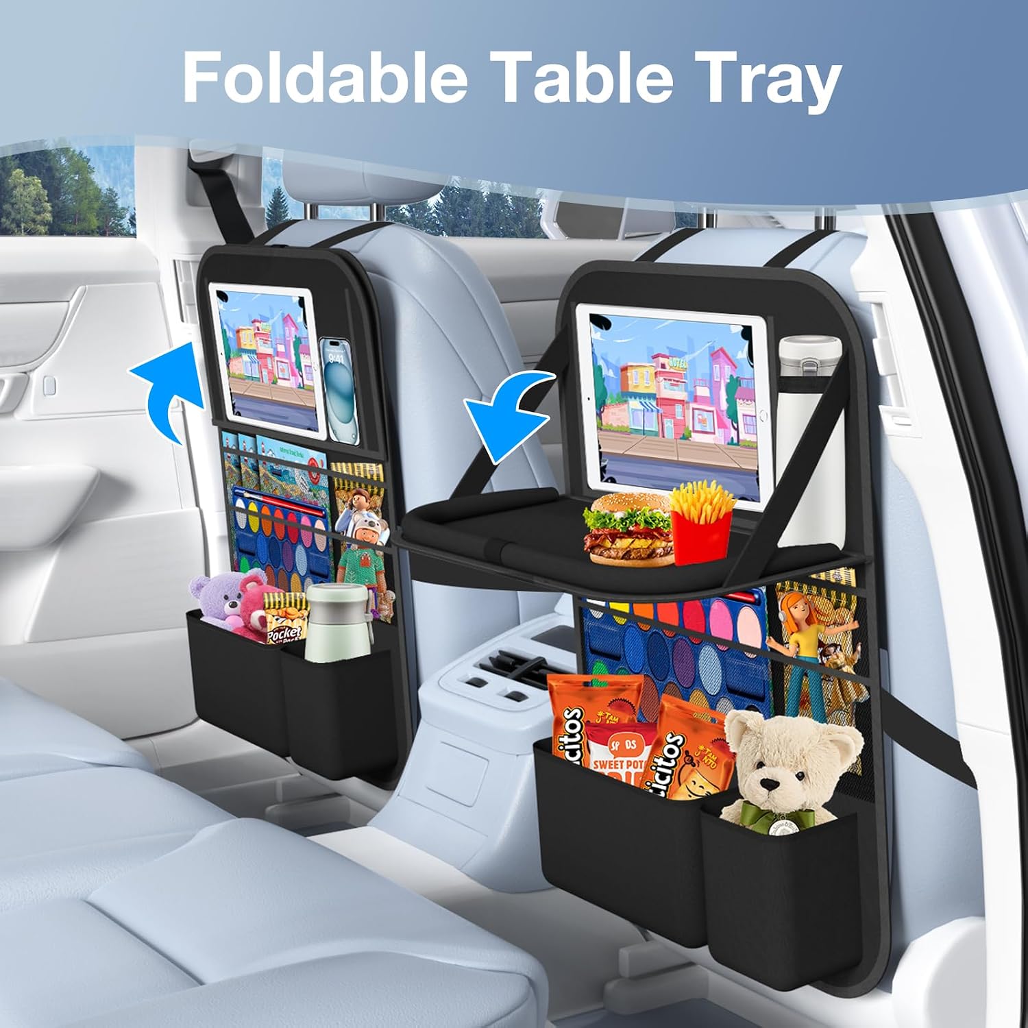 Moonval Backseat Car Organizer, 2-Pack Seat Protectors with Foldable Tray, Tablet Holder & 9 Pockets