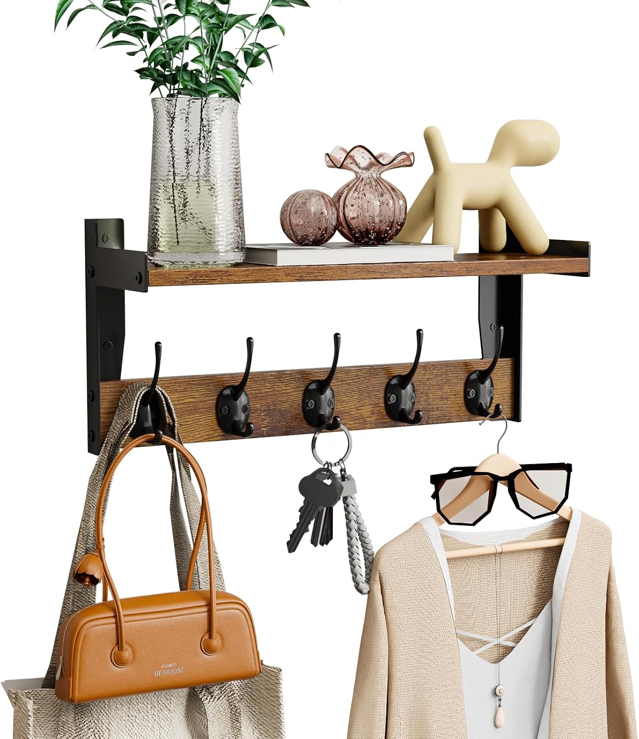 Moonval Wall Mounted Coat Rack, Wooden Shelf with 5 Metal Hooks for Entryway, Bathroom & Bedroom