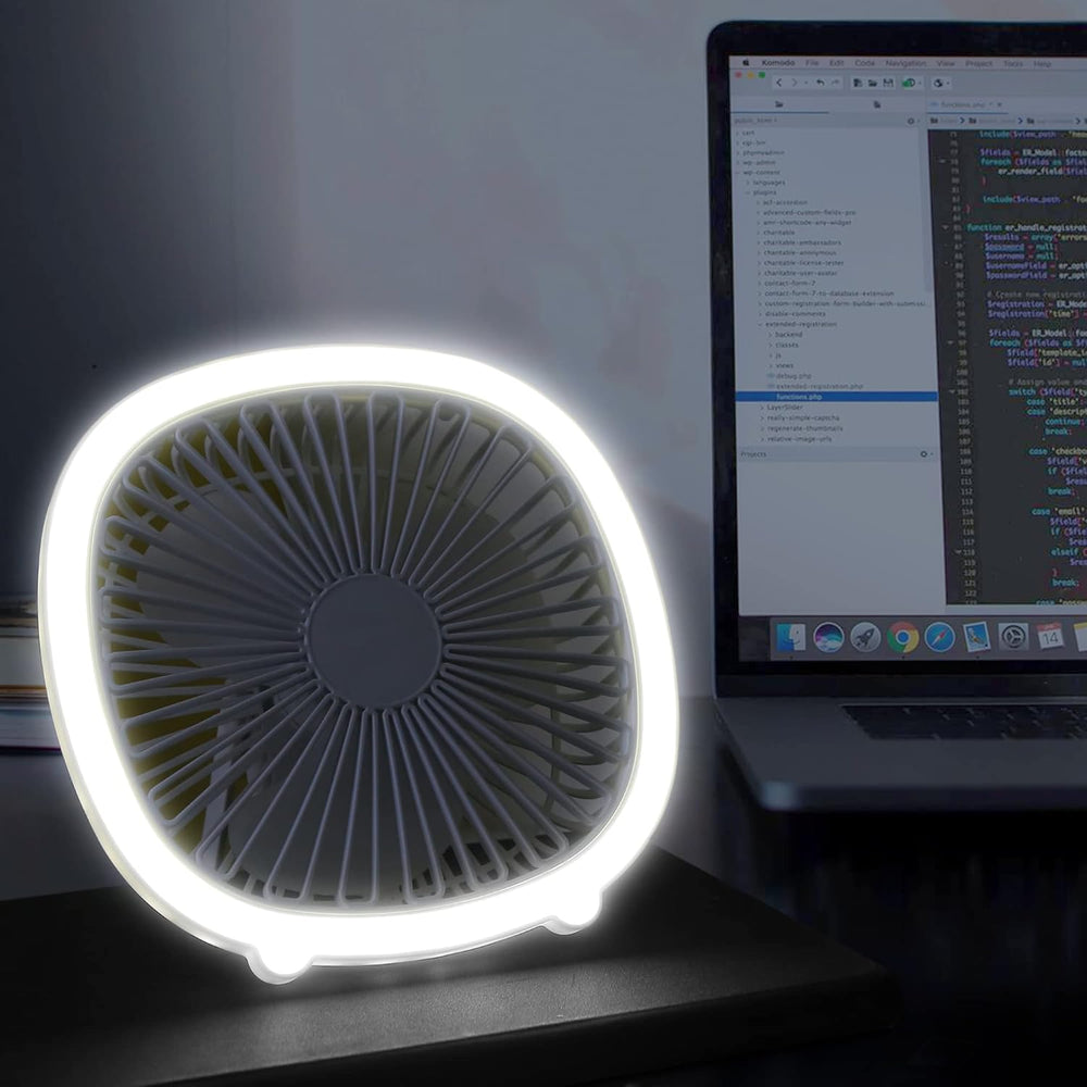 Moonval Portable Desk Fan with LED Light, Rechargeable 2-in-1 Quiet USB Cooling Fan