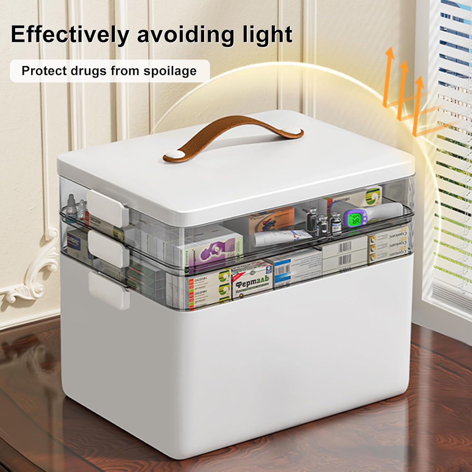 Moonval Medicine Organizer, 3-Tier Portable First Aid Storage Box with Leather Handle for Home