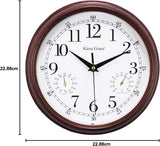 Kiera Grace Metz 9" Outdoor Wall Clock with Tempreture and Humid Gauges, Wood Grain Retro Walnut Red, Arabic Numerals Clock, Easy-to-Read, Battery Operated, Perfect for Home or Office Décor