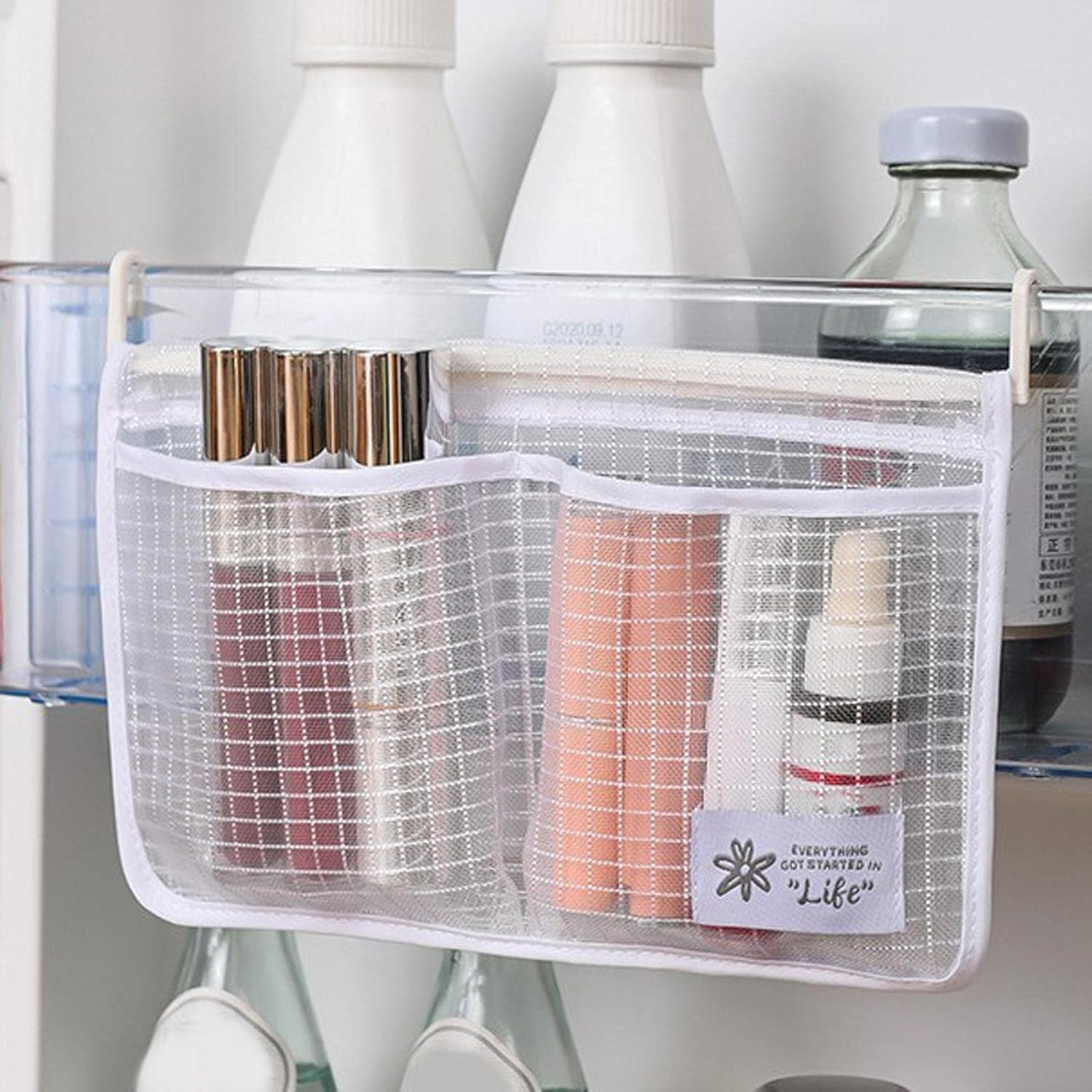 Moonval Hanging Mesh Organizer, Multi-Pocket Refrigerator Storage Bag with Hooks