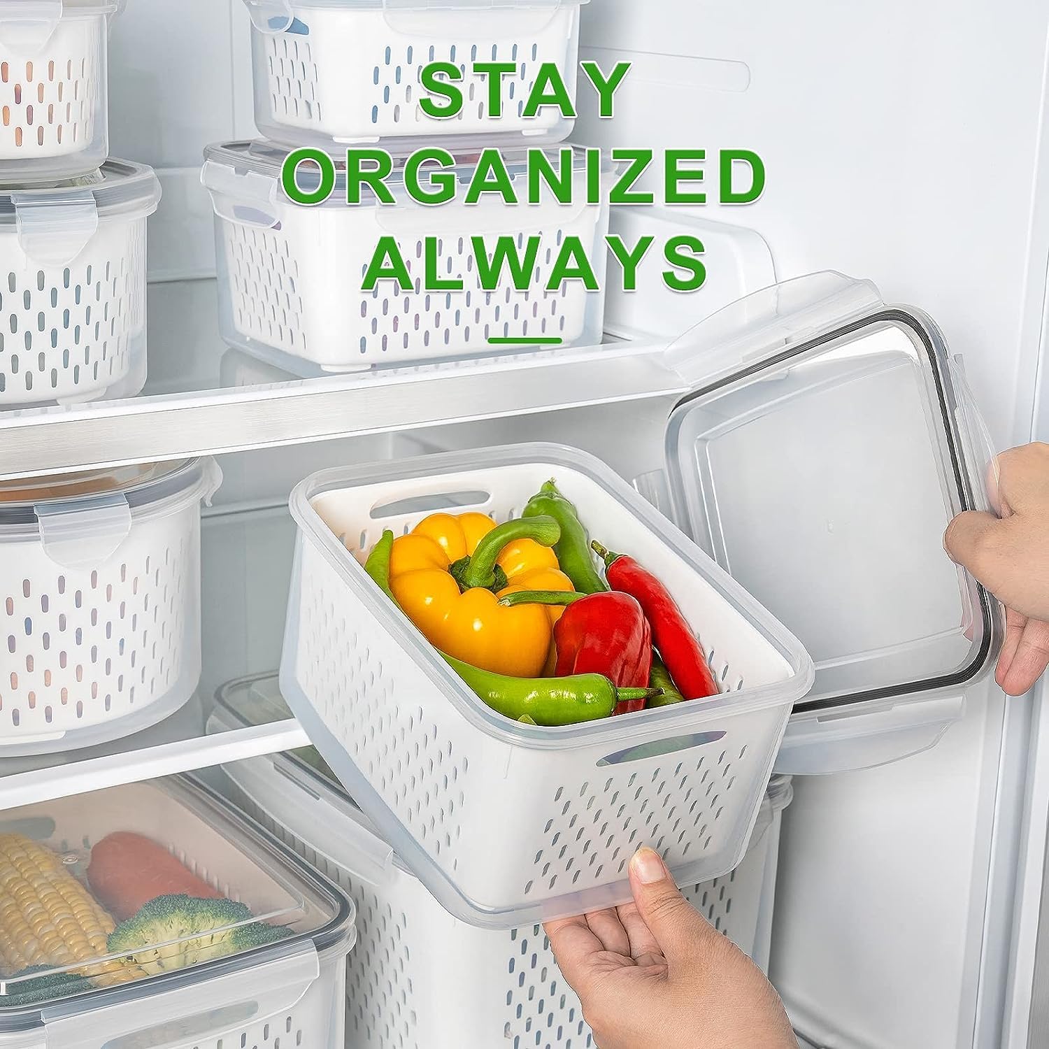 Moonval Produce Storage Containers, Airtight Food Saver Set with Removable Colanders