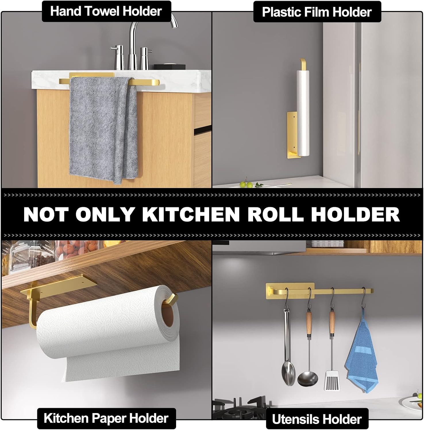 Moonval Paper Towel Holder, Under Cabinet Aluminum Kitchen Roll Holder with Self-Adhesive or Drill Mount, Gold