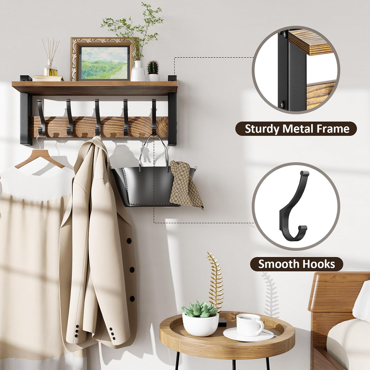 Moonval Wall Mounted Coat Rack, Entryway Shelf with 5 Metal Hooks for Coats, Keys, Hats & Bags