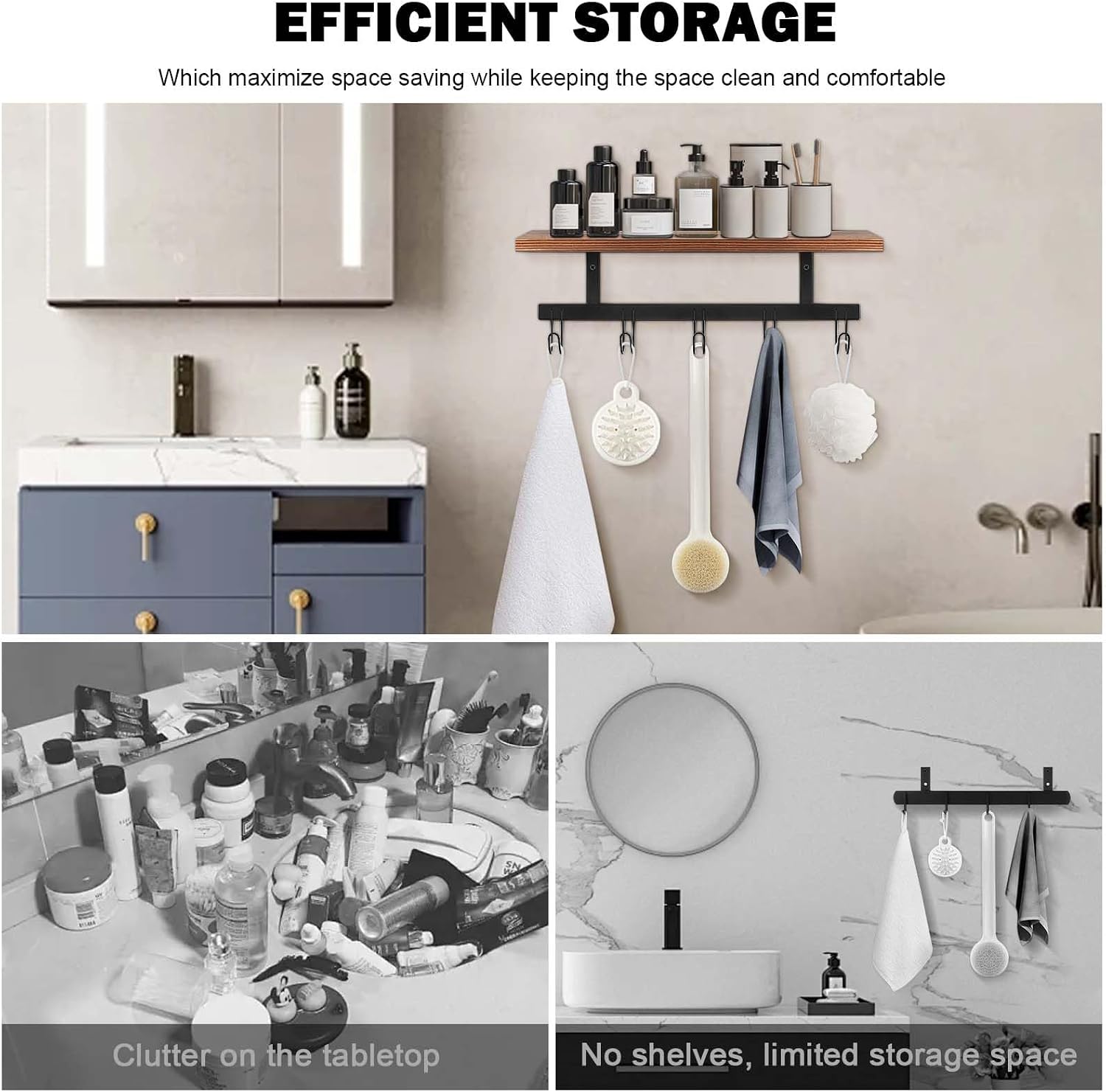 Moonval Wall Mounted Coat Rack, Wooden Entryway Shelf with 5 Heavy-Duty Metal Hooks for Storage