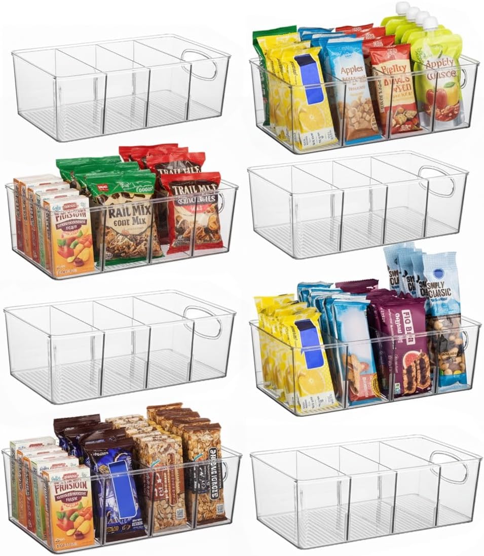 Moonval Pantry Storage Bins, Clear Organizers with Removable Dividers for Kitchen & Refrigerator