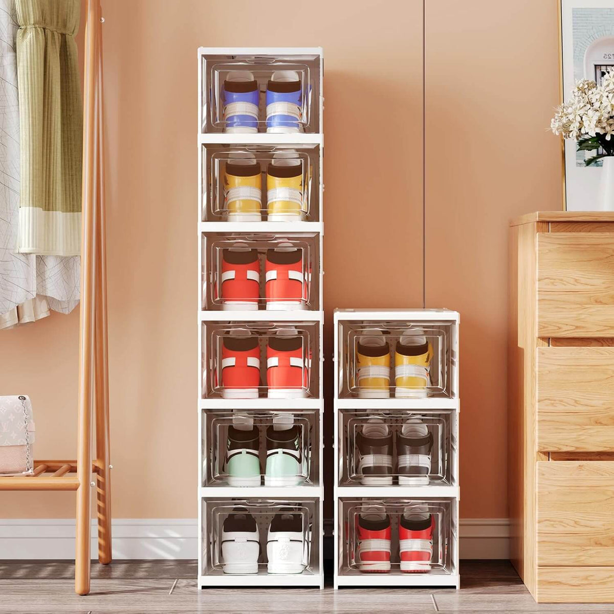 Moonval X-Large Shoe Storage Boxes, 6-Pack Stackable Foldable Organizer with Clear Doors