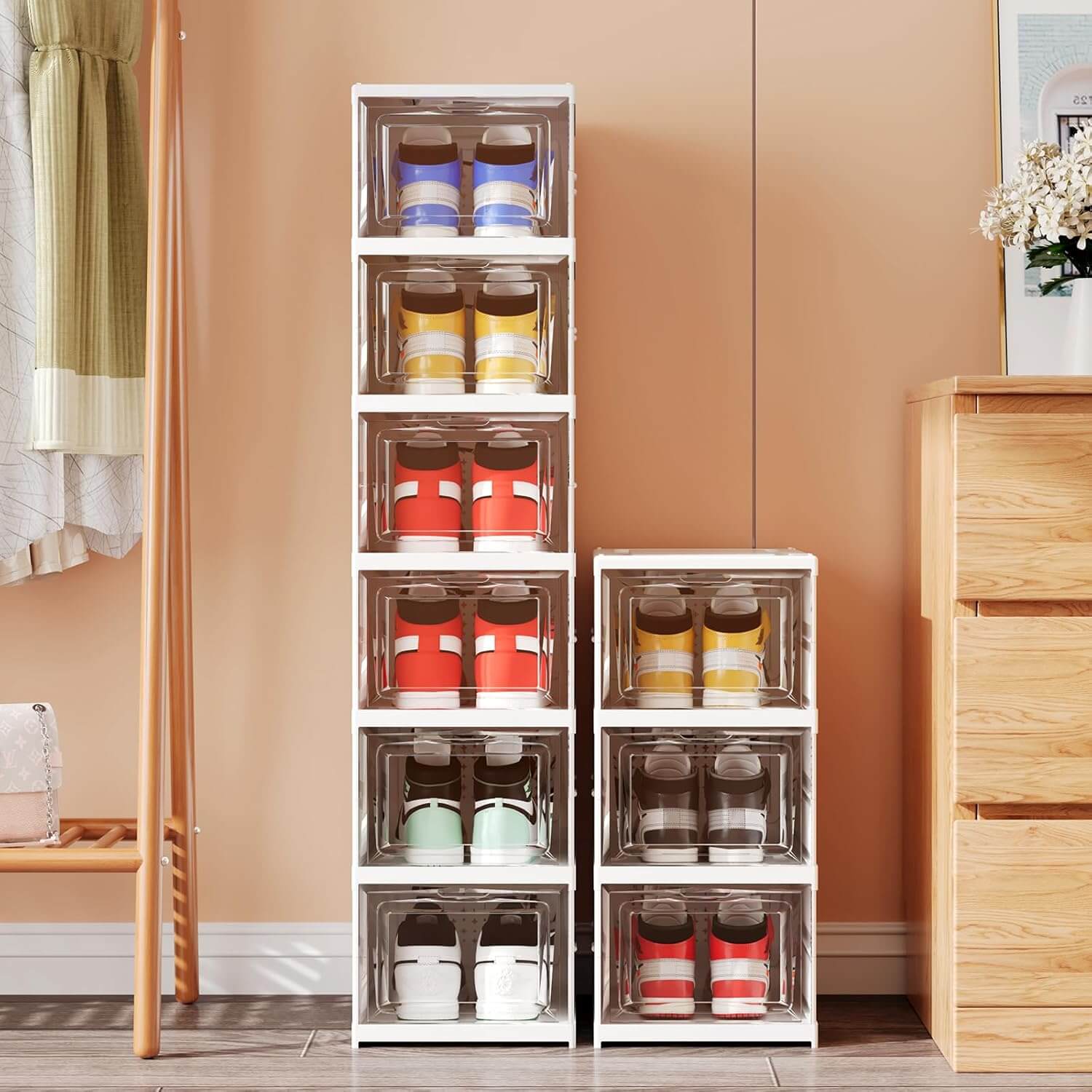 Moonval X-Large Shoe Storage Boxes, 6-Pack Stackable Foldable Organizer with Clear Doors