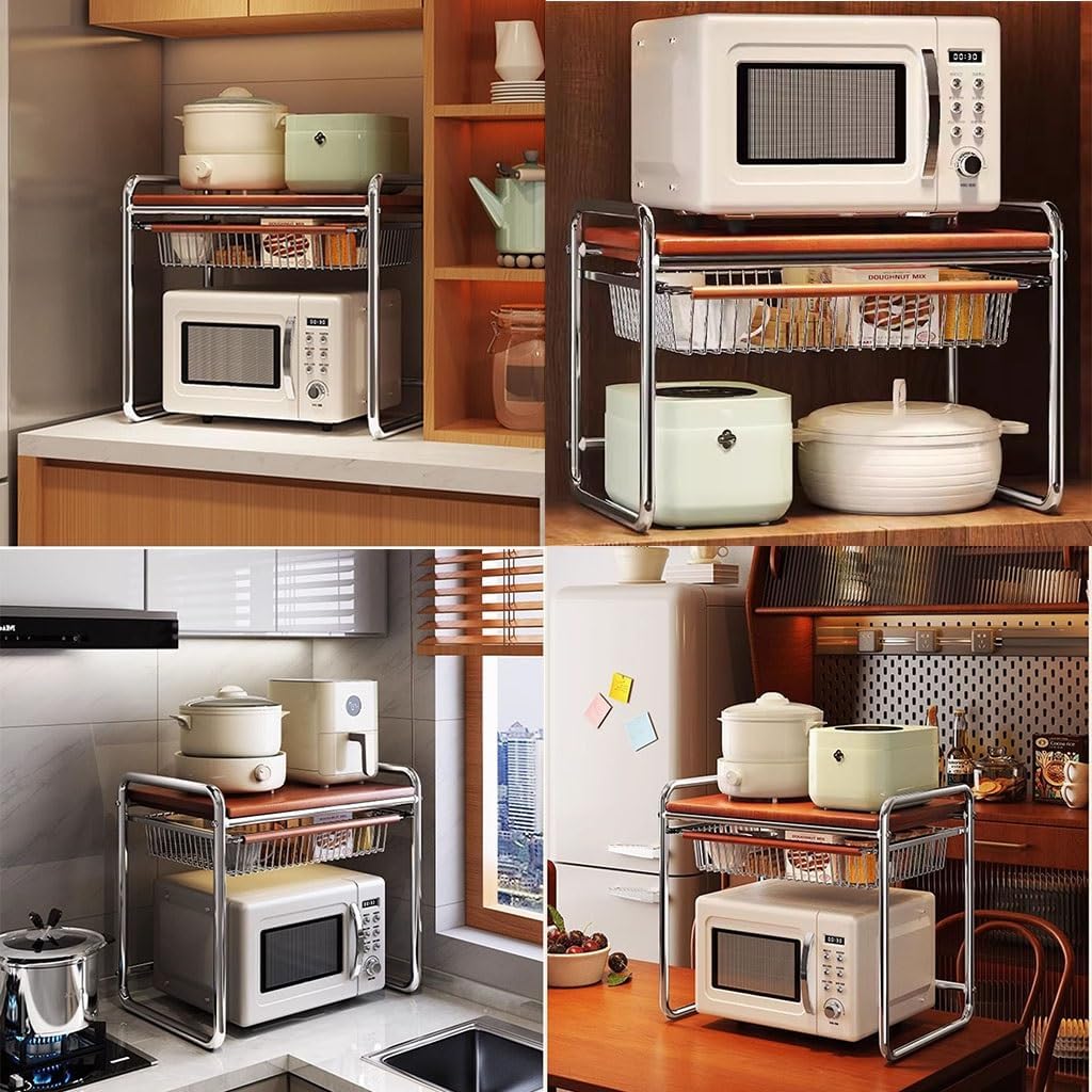Moonval 2-Tier Microwave Shelf Stand with Pull-Out Basket, Countertop Kitchen Organizer