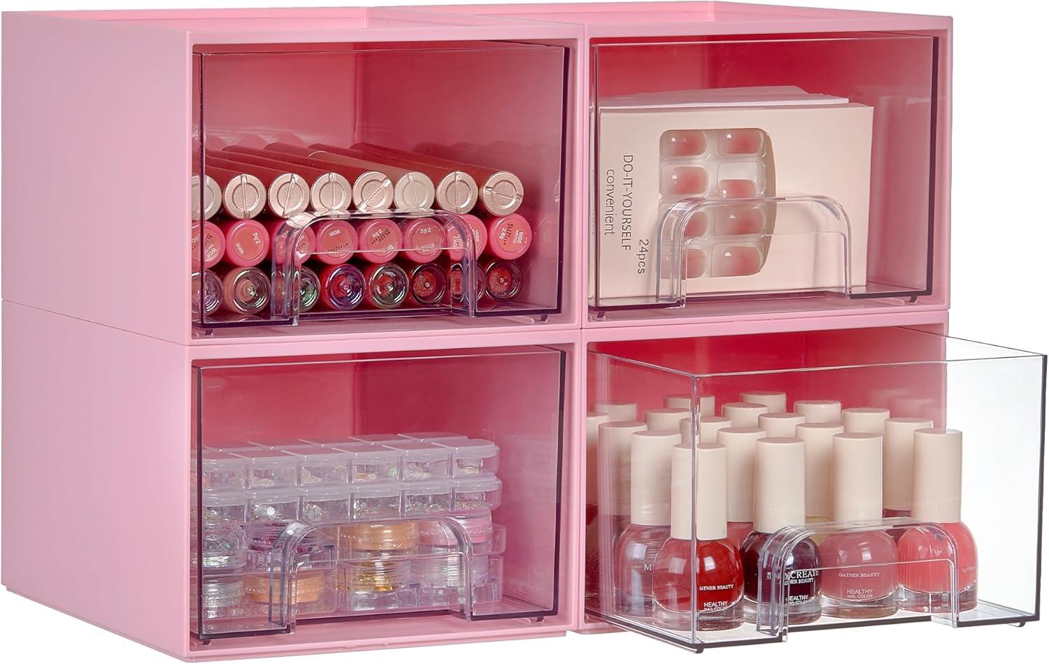 Moonval Clear Storage Drawers, 4-Pack Stackable Acrylic Organizer Bins for Bathroom, Kitchen & Pantry