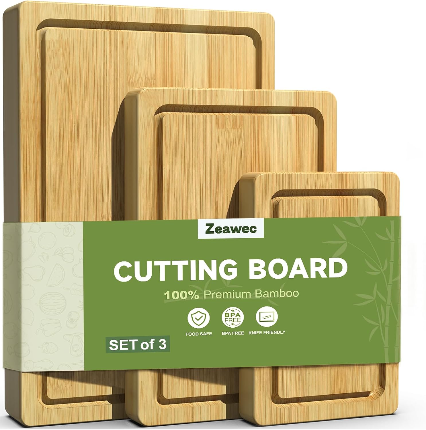 Moonval Bamboo Cutting Board Set, 3-Piece Carbonized Wood Chopping Boards with Juice Grooves