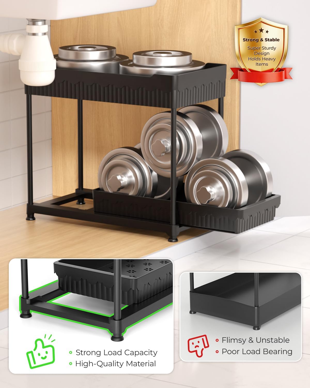 Moonval Under Sink Organizers, 3-Pack 2-Tier Sliding Storage Drawers for Kitchen & Bathroom Cabinets