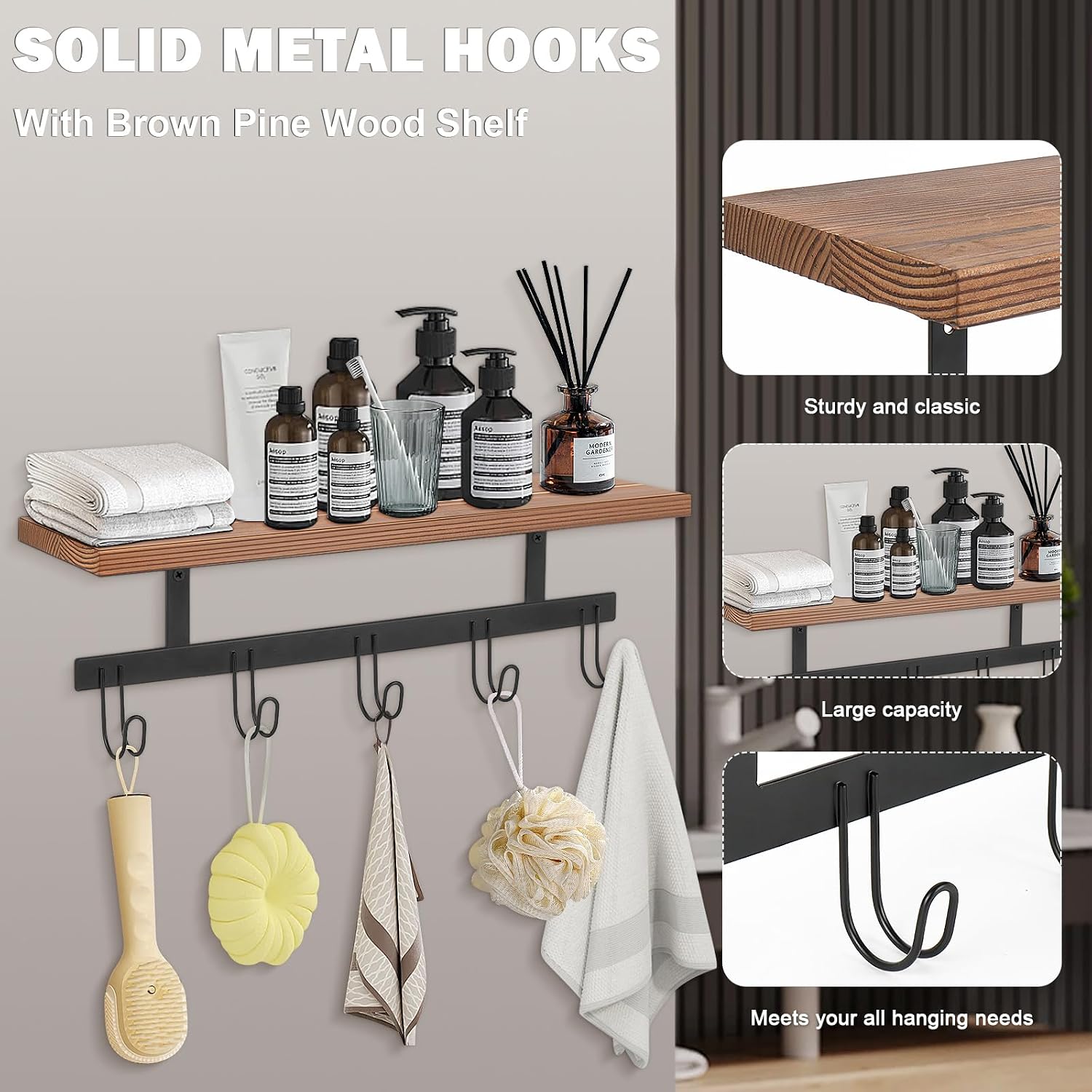 Moonval Wall Mounted Coat Rack, Wooden Entryway Shelf with 5 Heavy-Duty Metal Hooks for Storage
