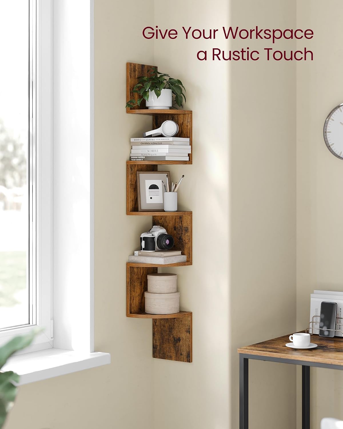 Moonval Corner Wall Shelf, 5-Tier Floating Corner Bookshelf for Home Storage & Display, Rustic Brown