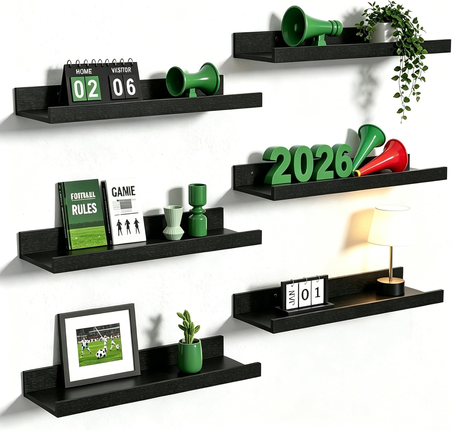 Moonval Floating Wall Shelves, Set of 6 Wood Storage & Display Shelves for Home Decor