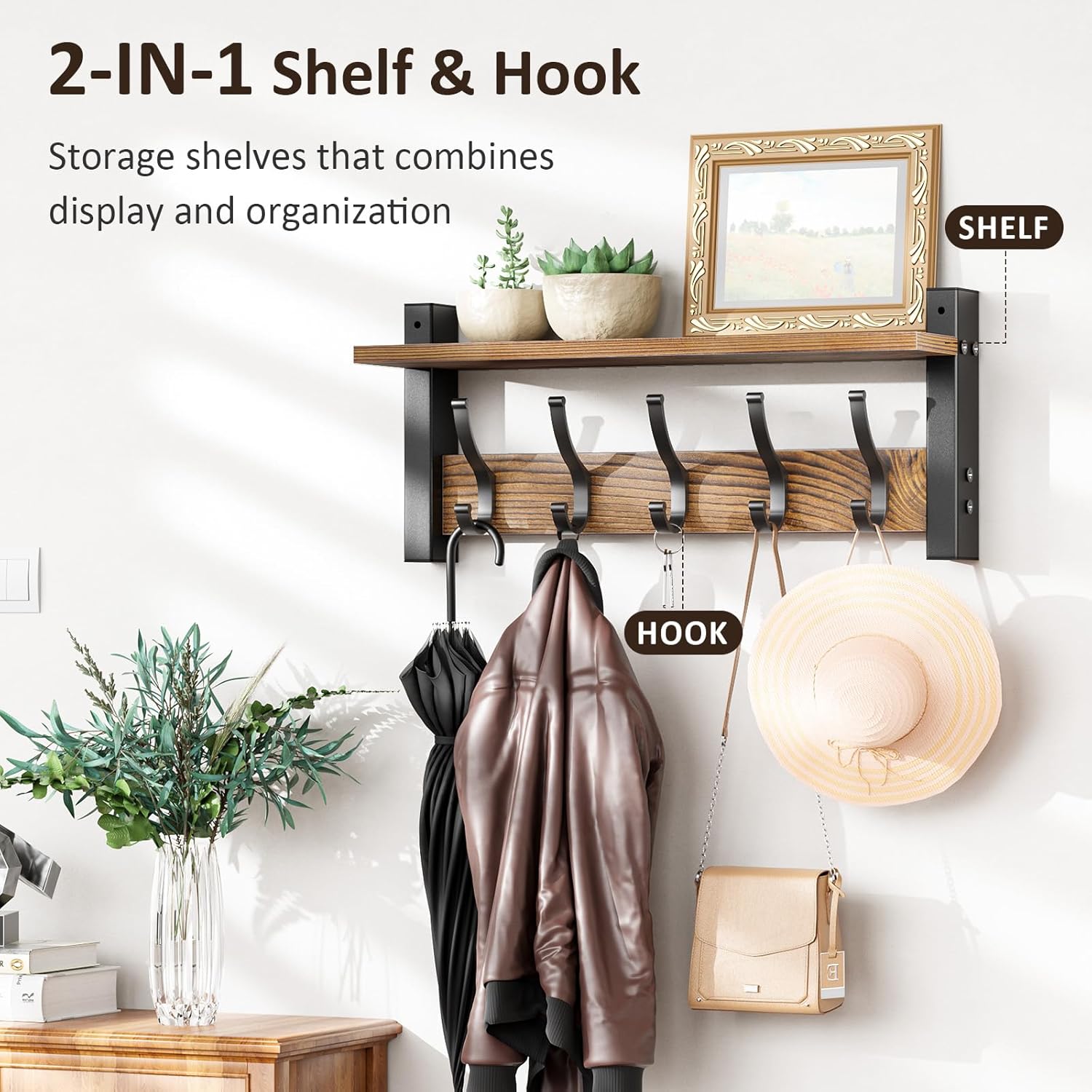 Moonval Wall Mounted Coat Rack, Entryway Shelf with 5 Metal Hooks for Coats, Keys, Hats & Bags