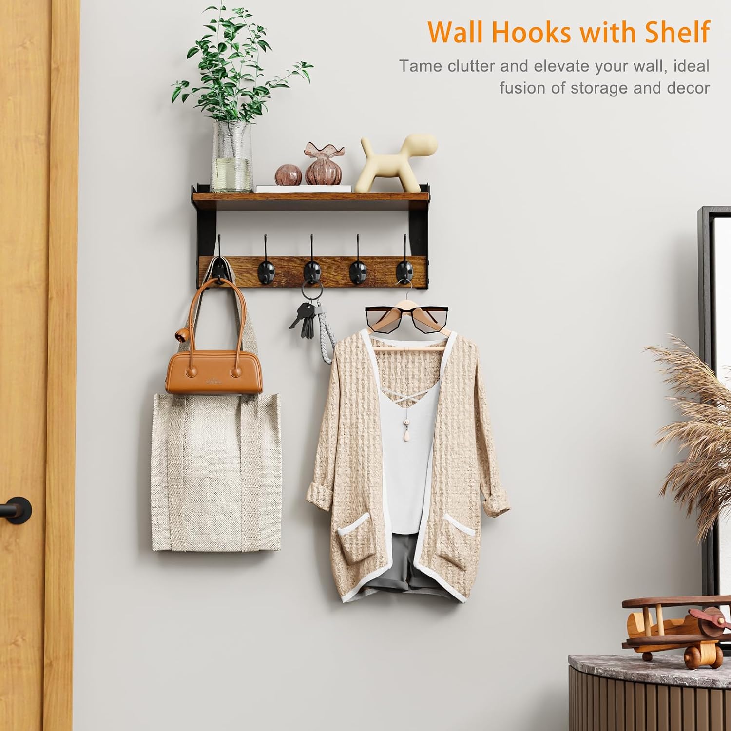 Moonval Wall Mounted Coat Rack, Wooden Shelf with 5 Metal Hooks for Entryway, Bathroom & Bedroom