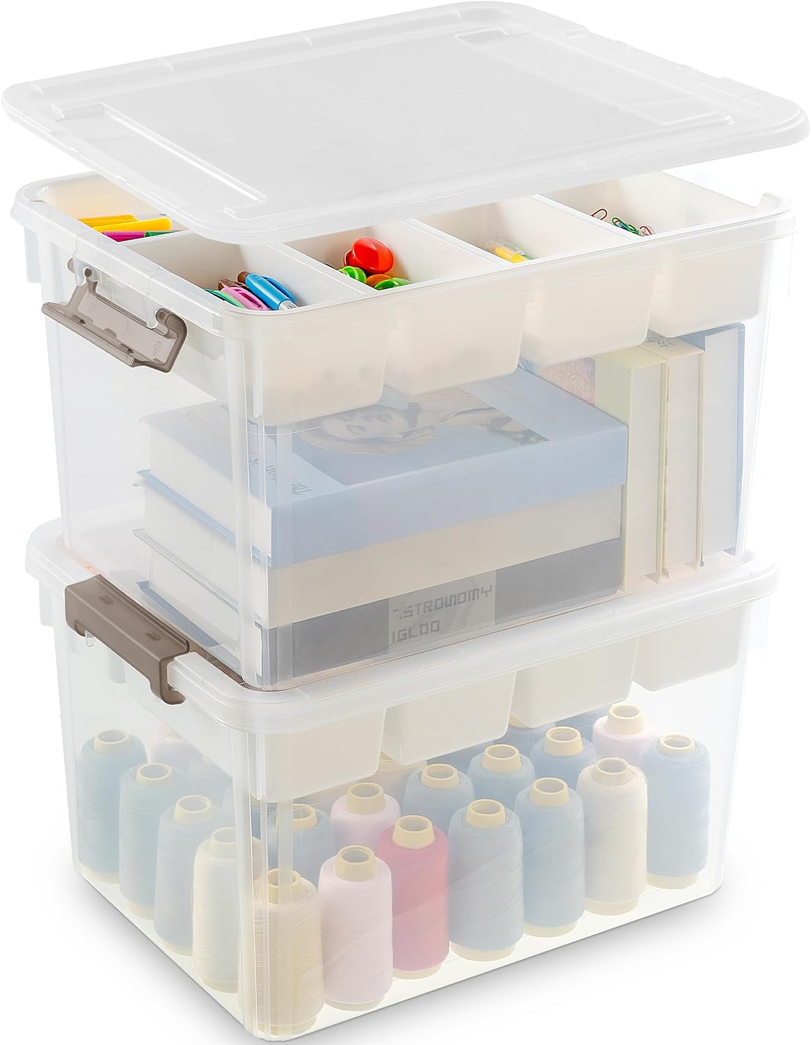 Moonval Craft Storage Box, Clear Organizer with Removable Tray for Art & Sewing Supplies