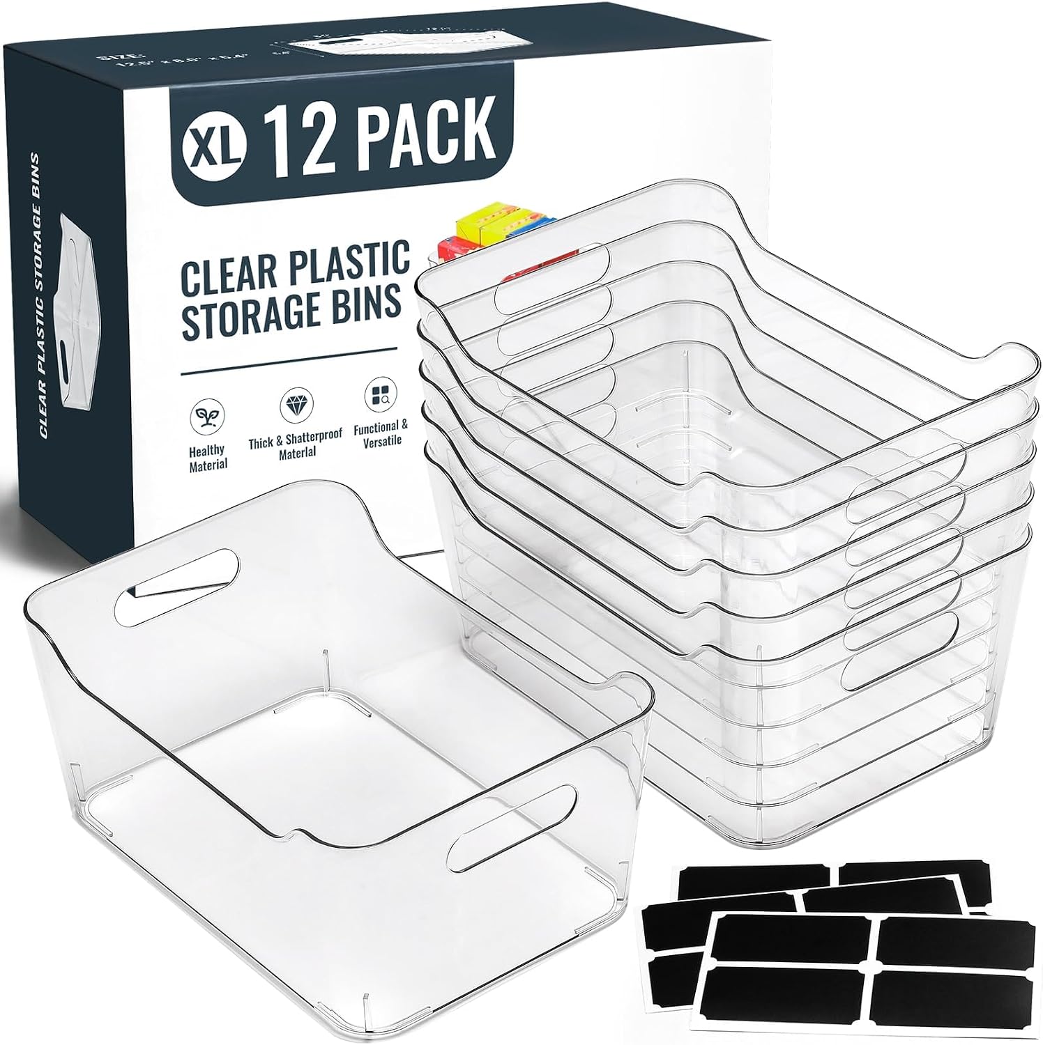 Moonval Clear Storage Bins, 12-Pack Multi-Purpose Organizers with Labels for Pantry, Kitchen & Fridge