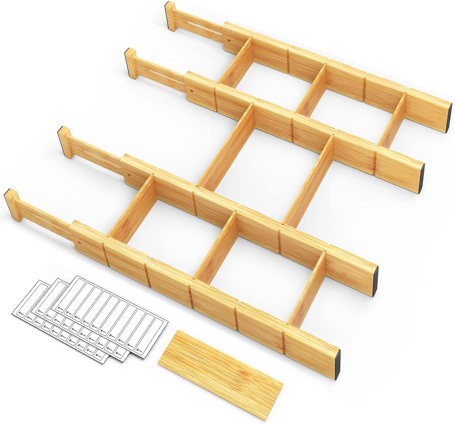Moonval Bamboo Drawer Dividers, Adjustable Organizers with Inserts & Labels for Kitchen & Dressers