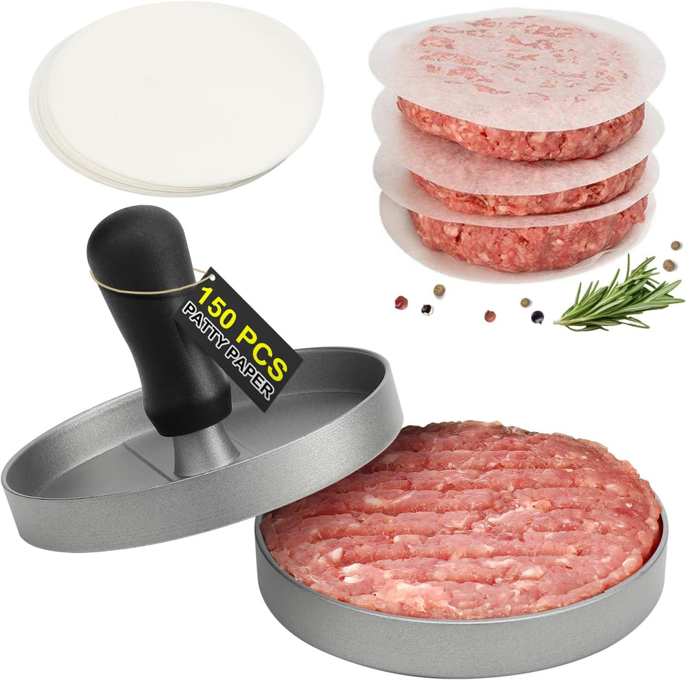 Moonval Burger Press Set, Aluminum Hamburger Patty Maker with 150 Non-Stick Patty Papers