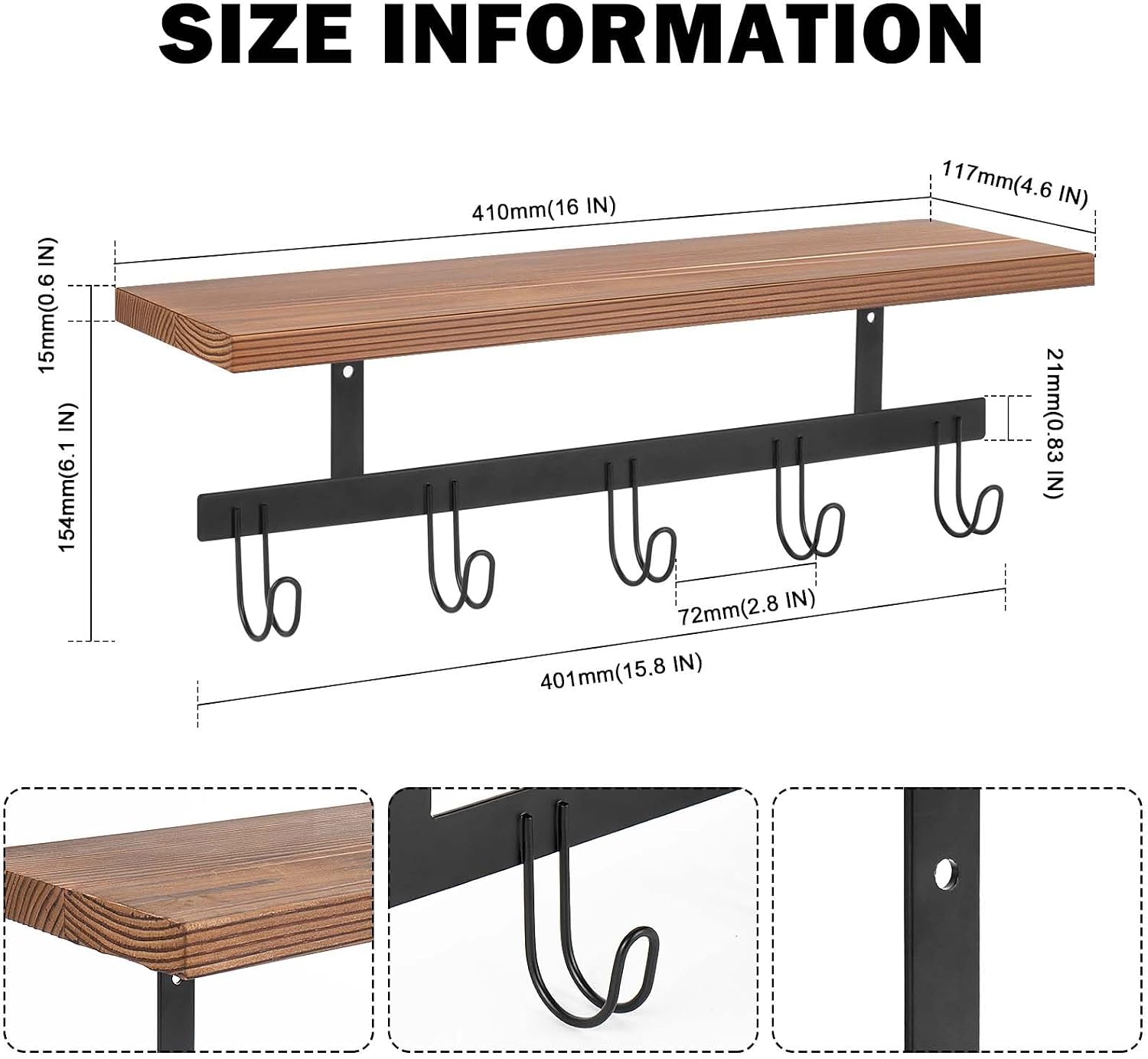 Moonval Wall Mounted Coat Rack, Wooden Entryway Shelf with 5 Heavy-Duty Metal Hooks for Storage