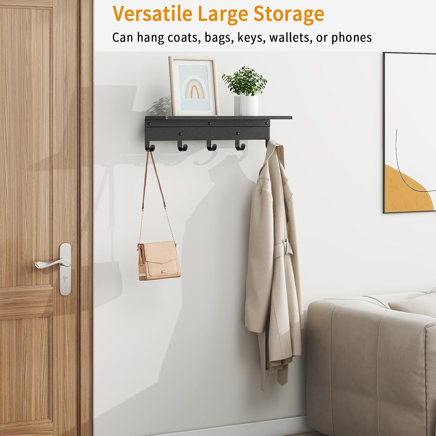 Moonval Wall Shelf with Hooks, 17-Inch Floating Shelf with 5 Metal Hooks for Entryway & Bedroom