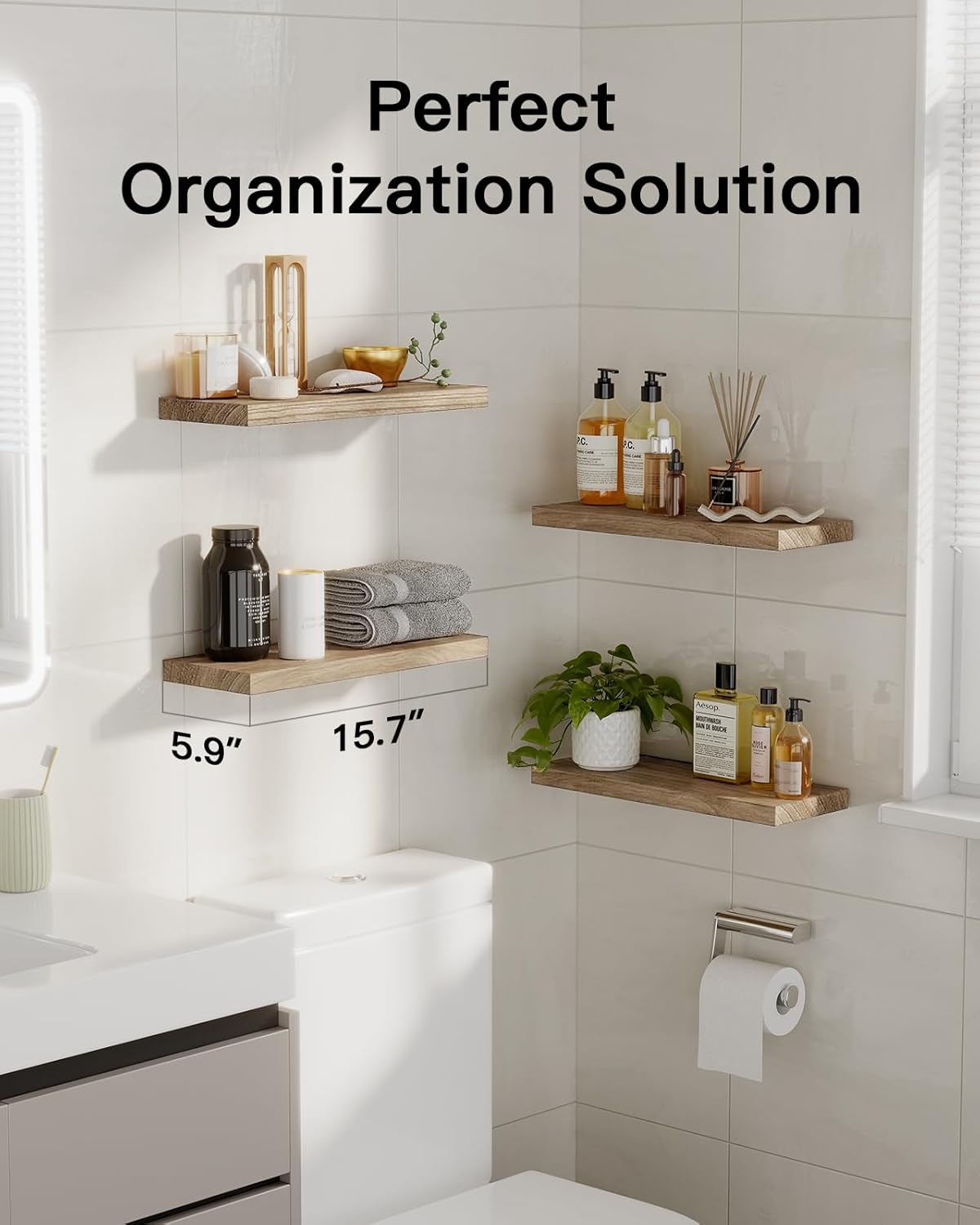 Moonval Floating Wall Shelves, Set of 4 Natural Wood Storage & Display Shelves for Home Decor