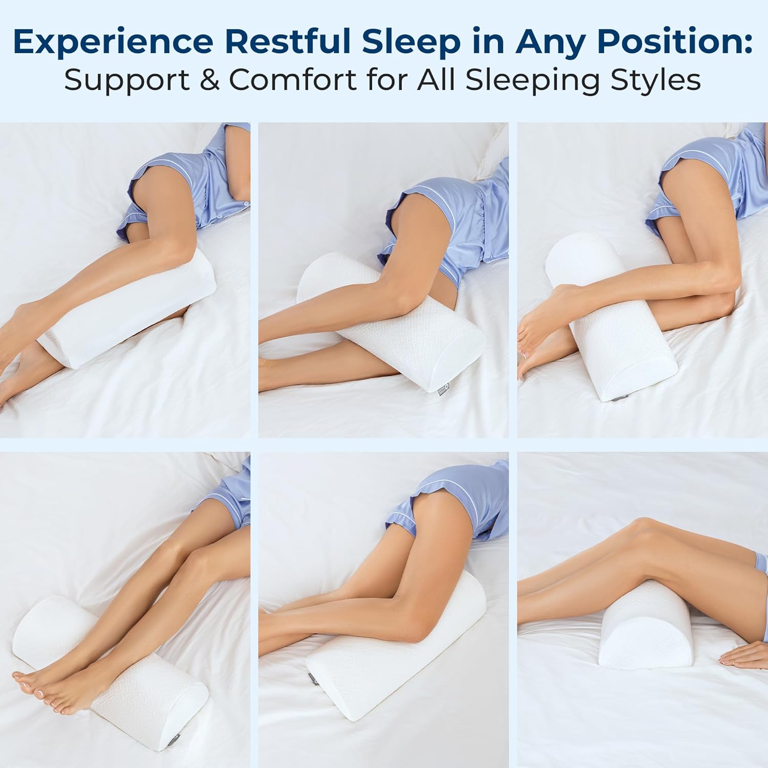 Moonval Half Moon Knee Pillow, Memory Foam Leg Bolster Pillow for Back Sleeping, White