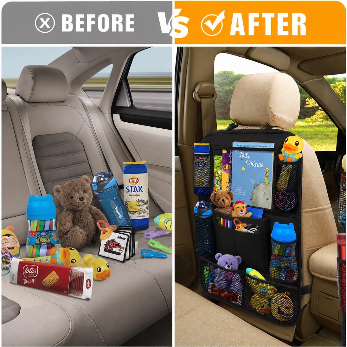 Moonval Backseat Car Organizer, 2-Pack Seat Protectors with Foldable Tray, 9 Pockets & Tablet Holder