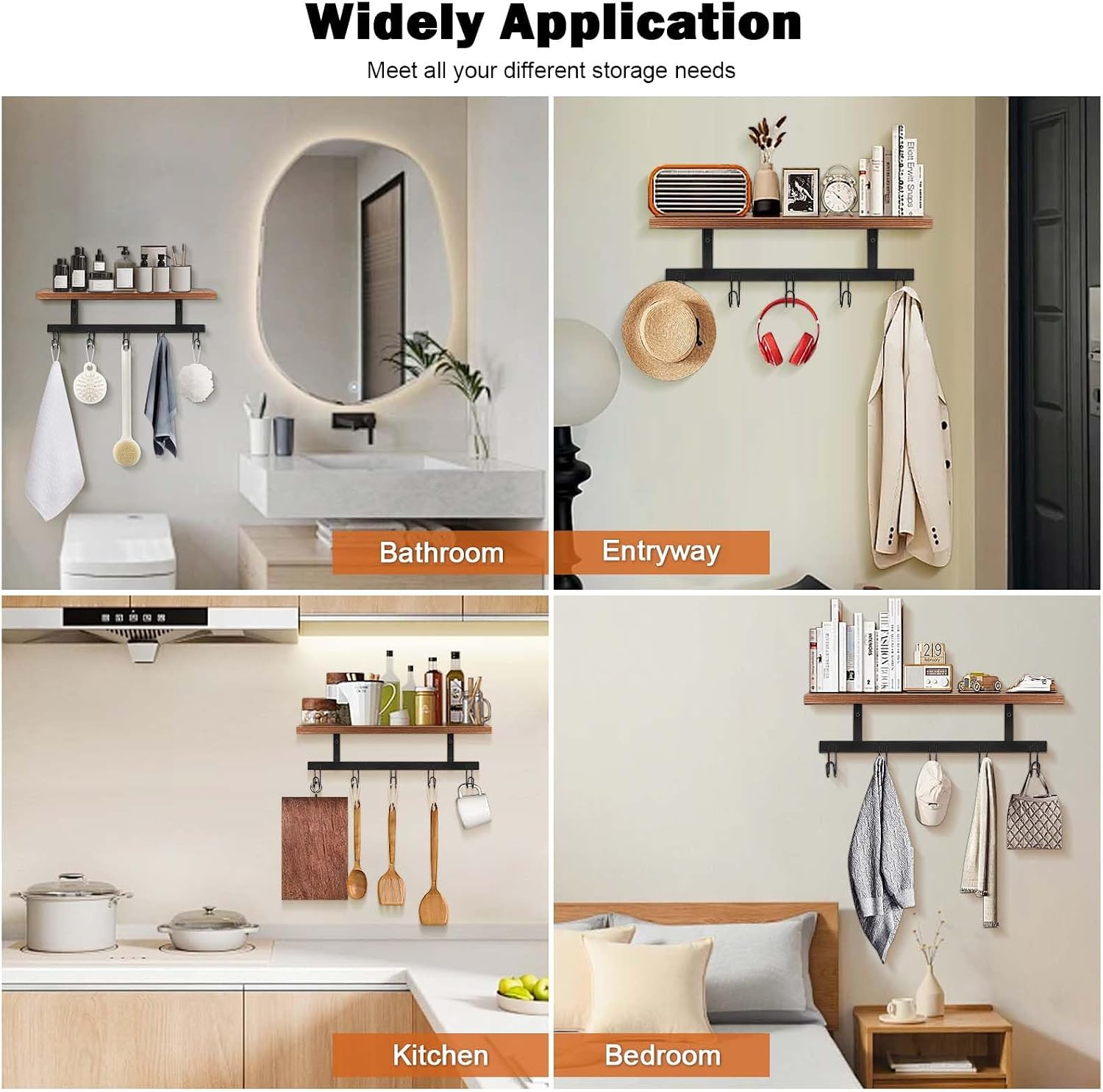 Moonval Wall Mounted Coat Rack, Wooden Entryway Shelf with 5 Heavy-Duty Metal Hooks for Storage