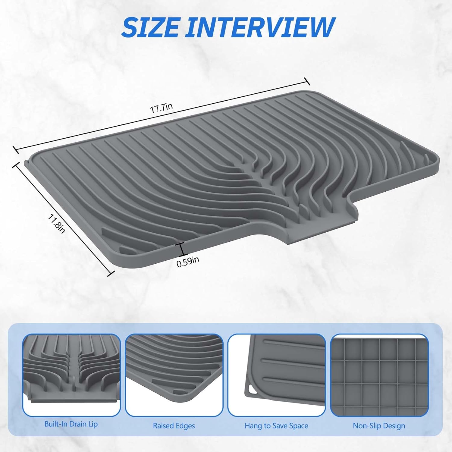 Moonval Silicone Dish Drying Mat, 40 × 30 cm Self-Draining Kitchen Counter Mat