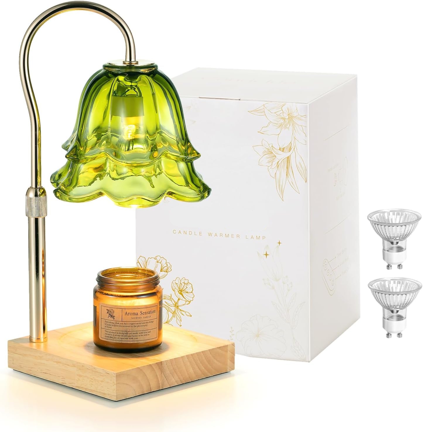 Moonval Candle Warmer Lamp, Height-Adjustable Dimmable Wax Warmer with Timer for Jar Candles, Gold