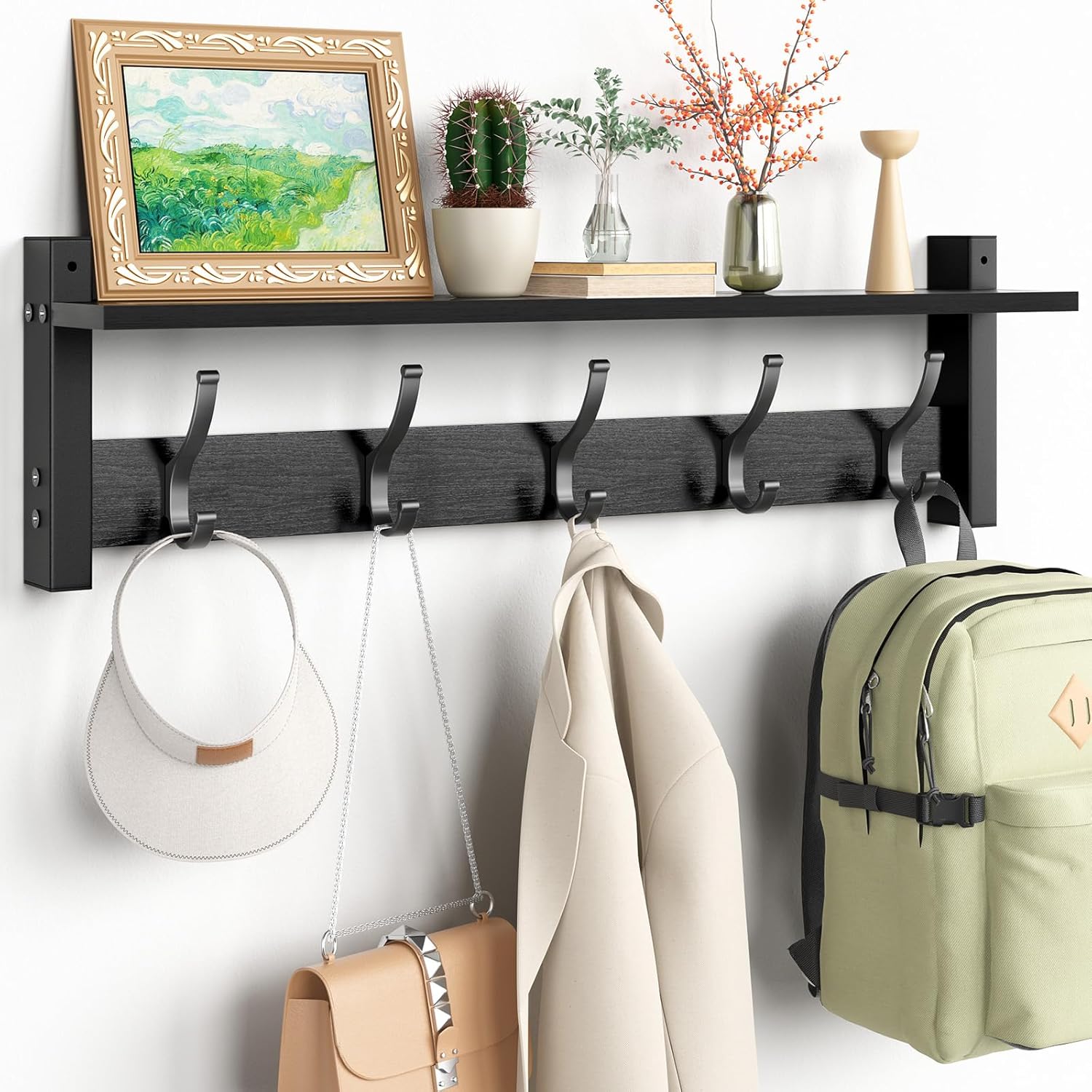 Moonval Wall Mounted Coat Rack, Entryway Shelf with 5 Metal Hooks for Coats, Keys, Hats & Bags