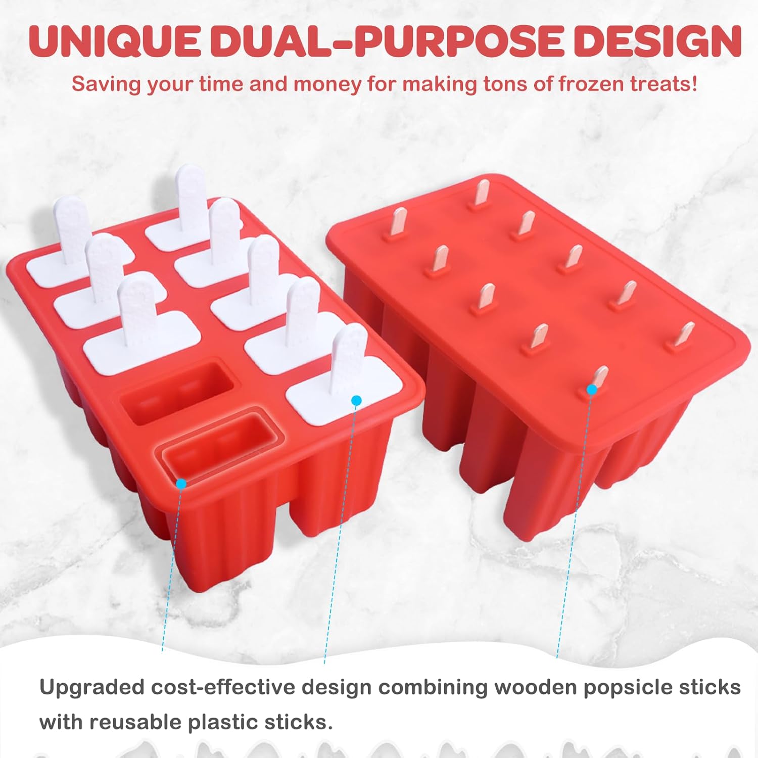 Moonval Silicone Popsicle Molds, 10-Cavity Ice Pop Maker Set with Sticks, Bags & Accessories