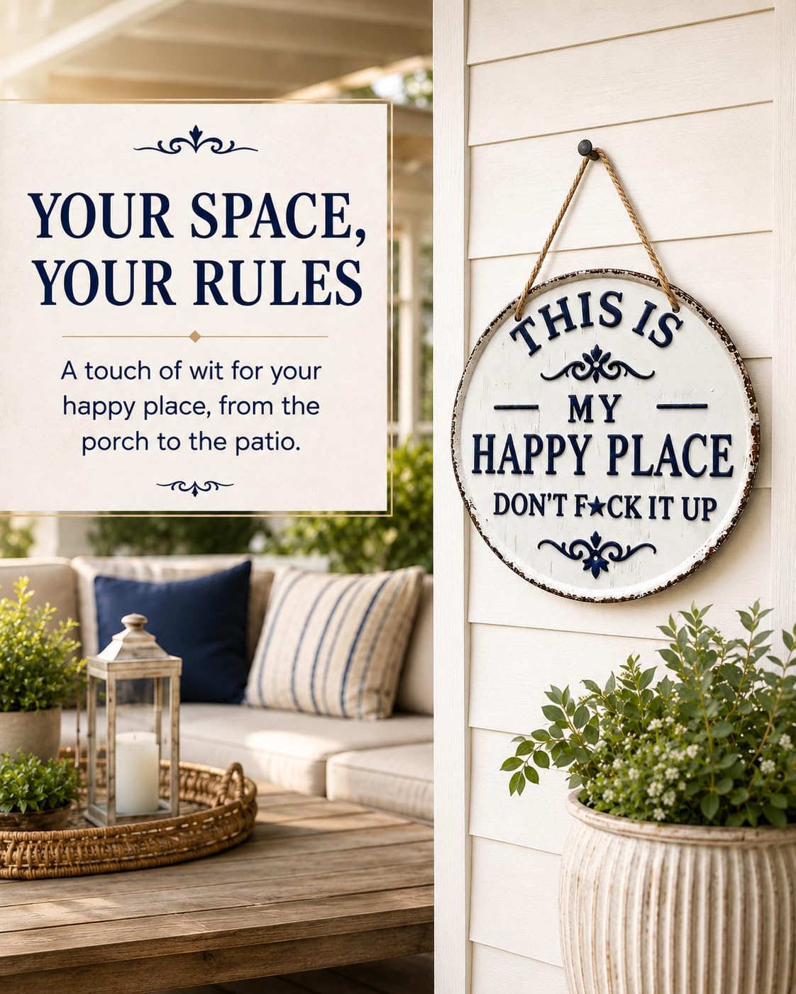 Moonval Funny Metal Garden Sign, Vintage Round Tin Wall Plaque for Patio, Front Door & Home Decor