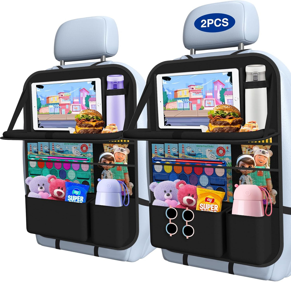 Moonval Backseat Car Organizer, 2-Pack Seat Protectors with Foldable Tray, Tablet Holder & 9 Pockets